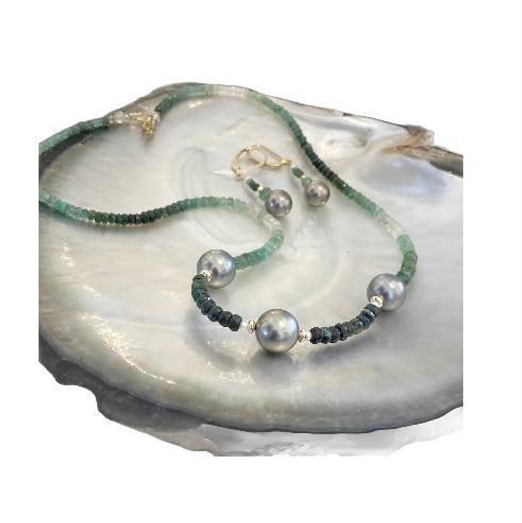 Damarys Fine Jewelry Tahitian Pearl and Emerald Necklace and Earrings 