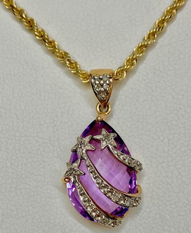 14K Diamonds and 8.25 Carat Amethyst Pendant on a 10K 26 inch Gold Chain