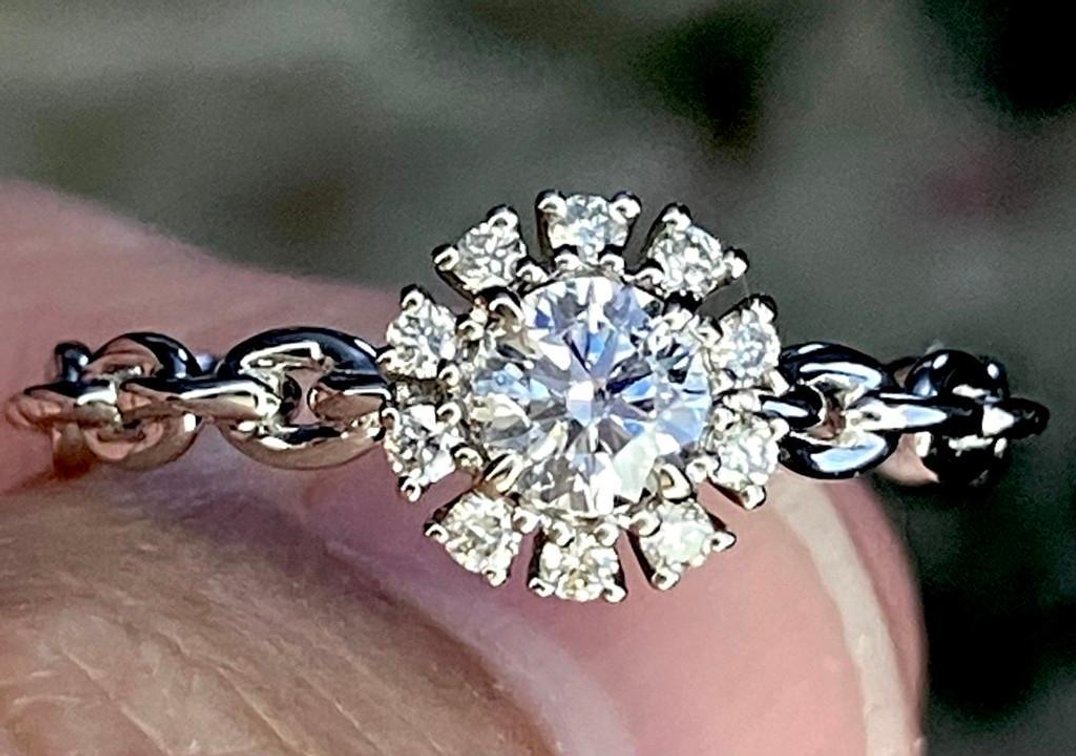 New!*  14K Solid White Gold Ring with Half Carat Center Stone Surrounded by Halo of Diamonds