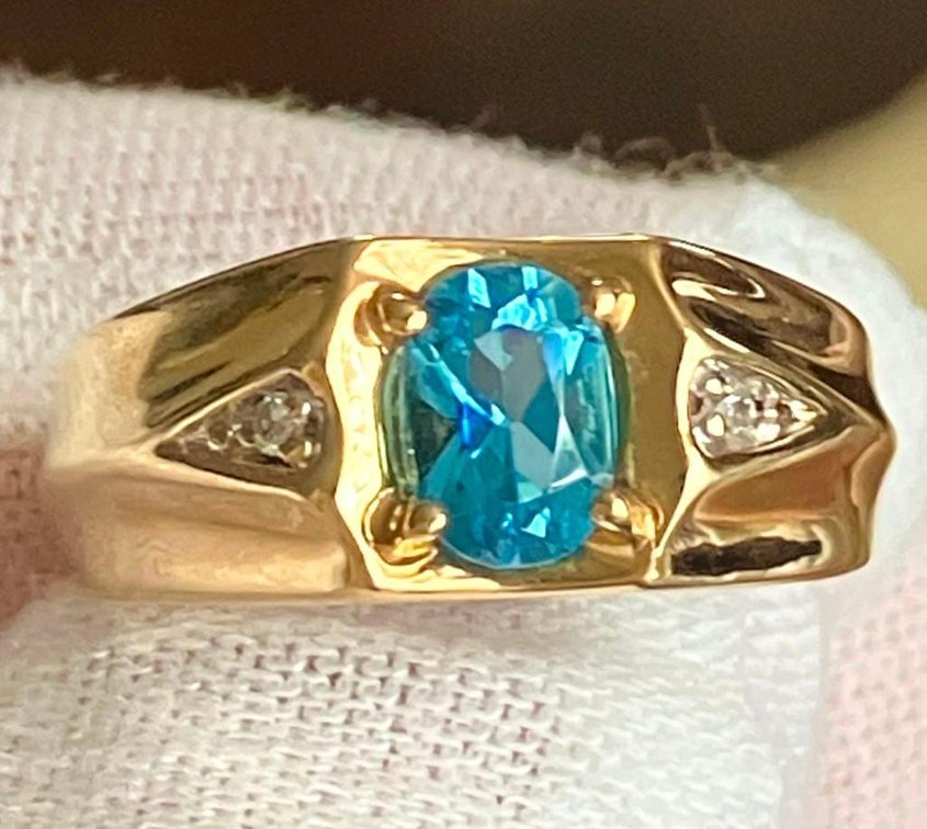 14K Solid Gold, Diamonds and Blue Topaz Mens Ring