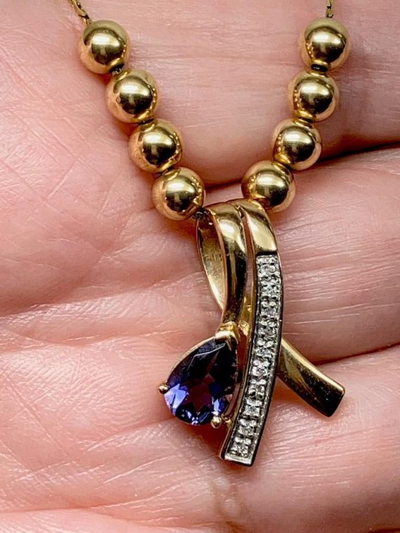 14K Solid Gold 21" Chain with 14K Balls 10K Pendant Diamonds and Iolite