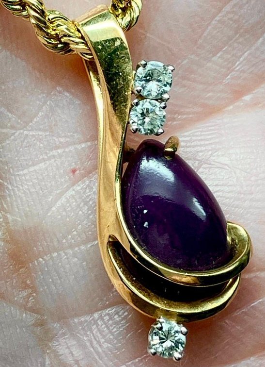 14K Gold Rope Chain 22 Inches with 14K Diamond and Amethyst Pendant 5.73 Grams