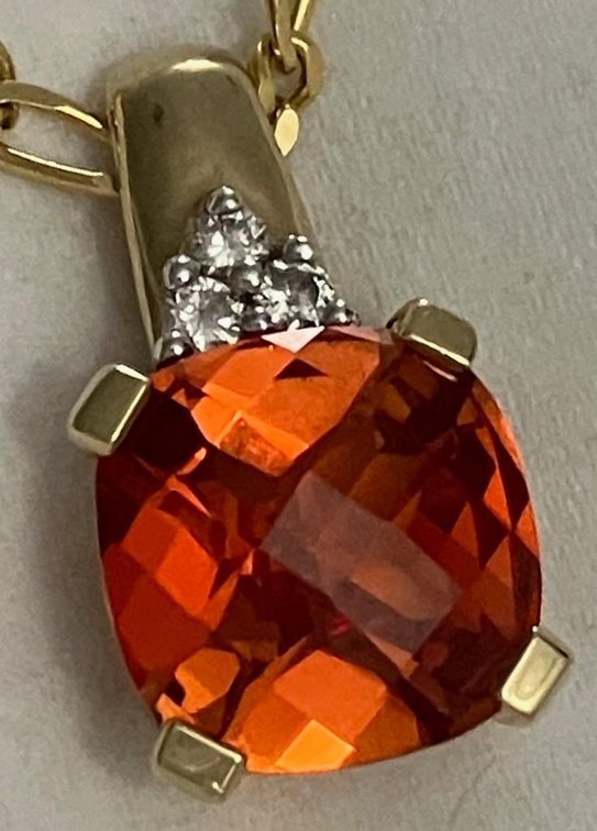 14K Solid Gold 18" Chain with Bright Diamonds and Burnt Orange Pendant 7.36 grams