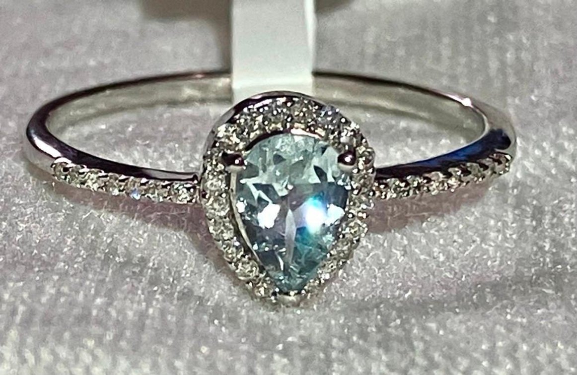 NEW 14K Solid White Gold Diamond Halo Ring with Blue Aquamarine Center Stone