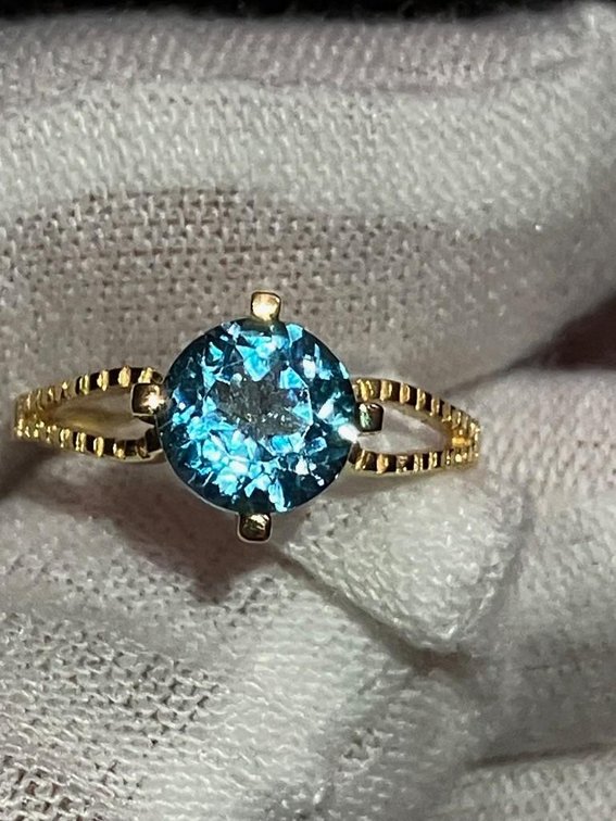 18K Gold Vermeil Ring with Light Blue Solitaire Topaz Gemstone Center