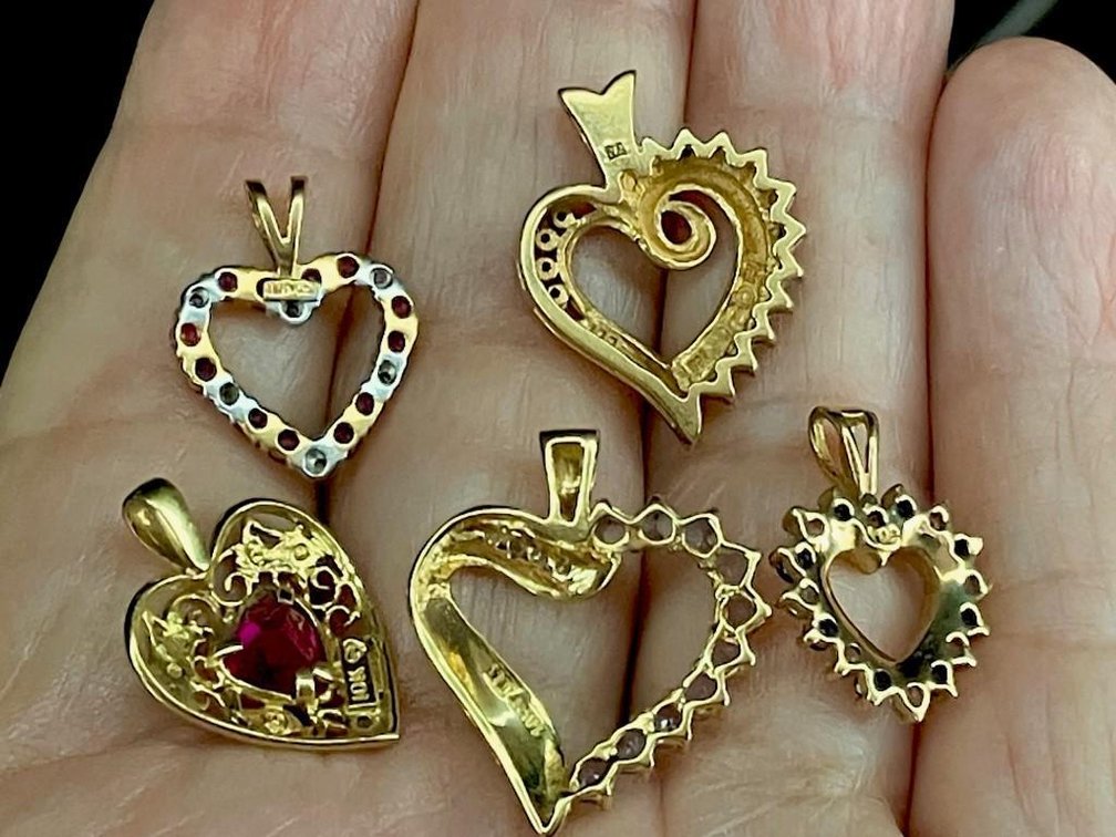 10K 8.48 Grams Gold 5 Heart Pendants Diamond Ruby Sapphire and More  