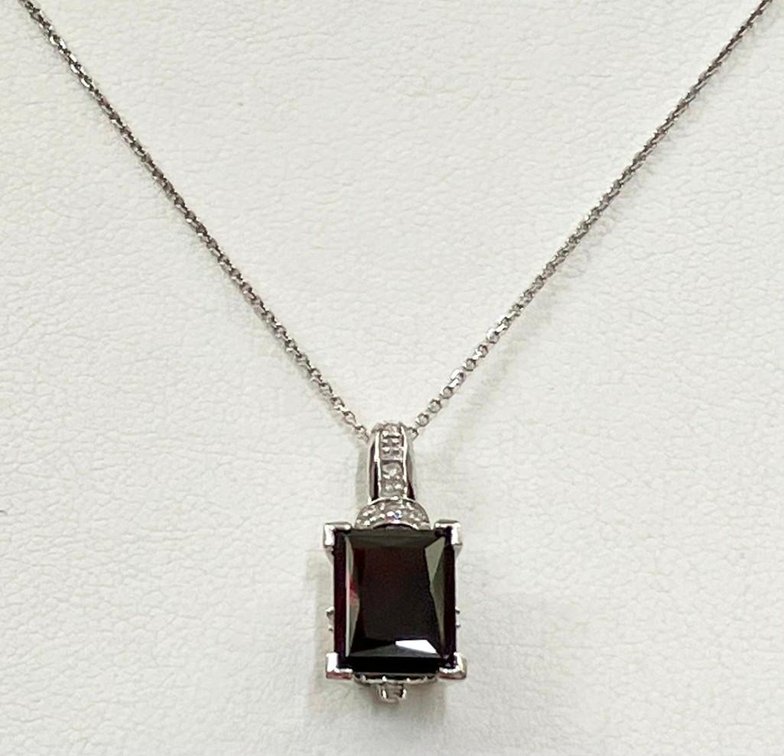14K White Gold 20" Chain with Giant 8 x 10 mm Deep Red Garnet and Diamonds Pendant
