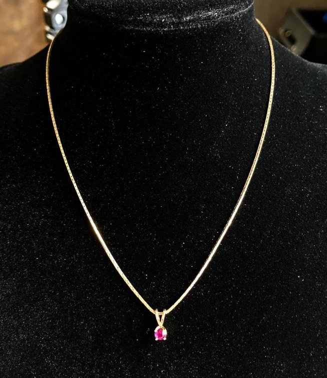 14K Solid Gold Chain with Pink Sapphire/Ruby Pendant