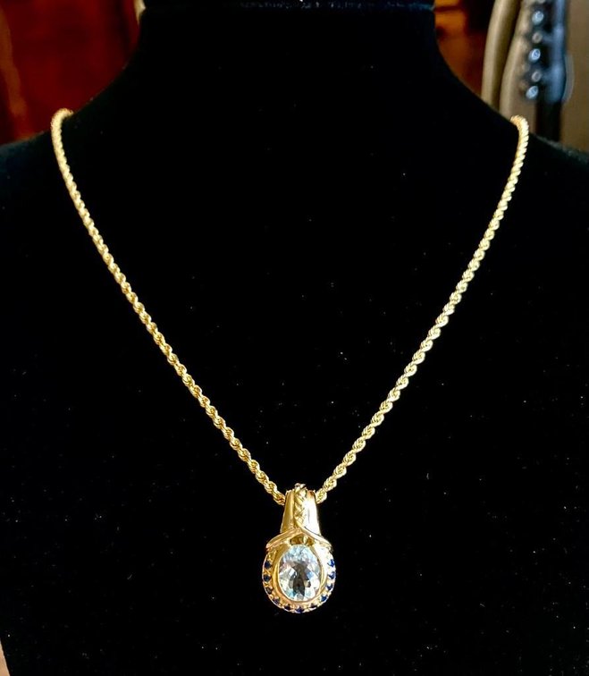 10K 11 Grams Gold Chain with Light Blue Topaz and Deep Blue Sapphire Pendant 