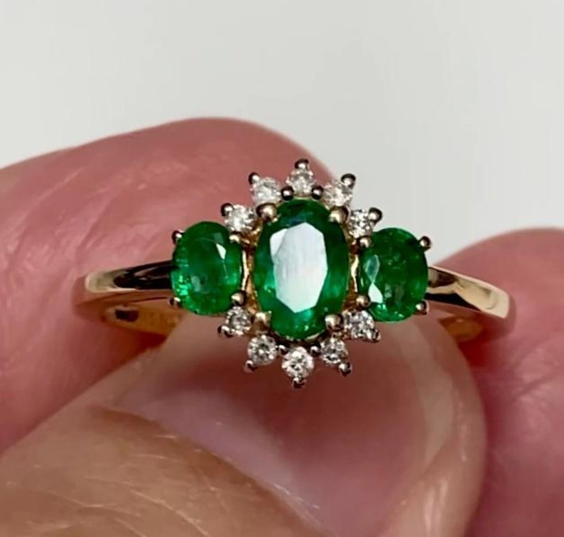 NEW 10K Genuine Gold 3 Emeralds and White Diamonds Ring
