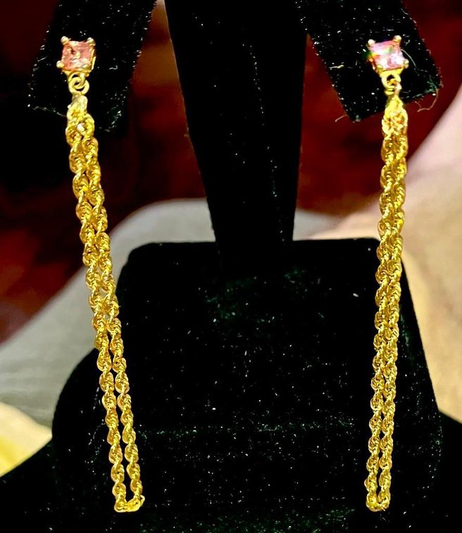 14K Solid Gold Post Earrings with Pink Sapphires and 10K Genuine Gold Dangles