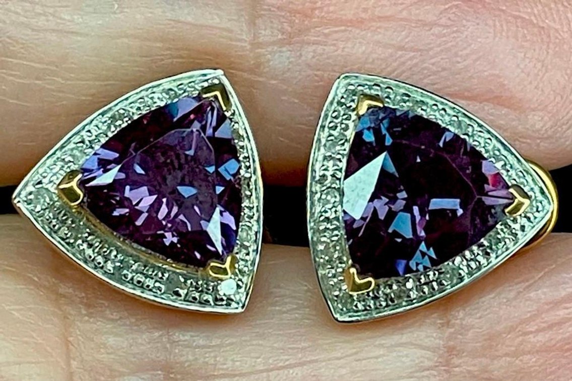 10K Genuine Gold Earrings with Trillion Cut Mystic Topaz with Halo of White Diamonds 6.32 Grams