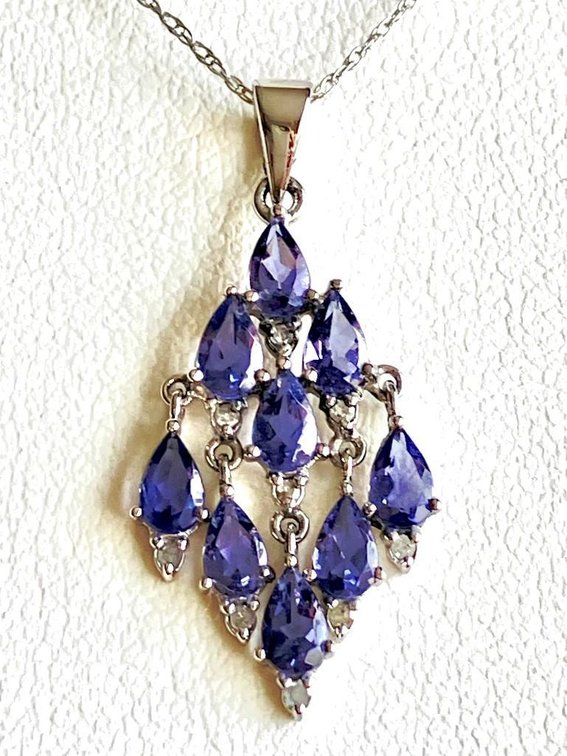 10K Genuine Gold Chain with Iolite and Diamond Pendant