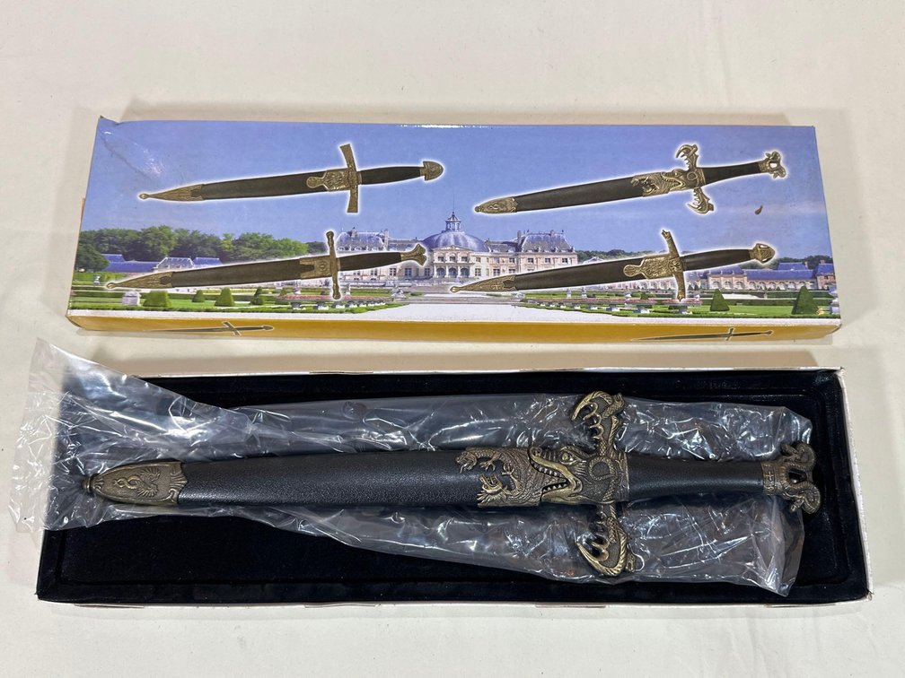 New in Box - Medieval Dagger with Dragon Gold Handle Design and Black Sheath 