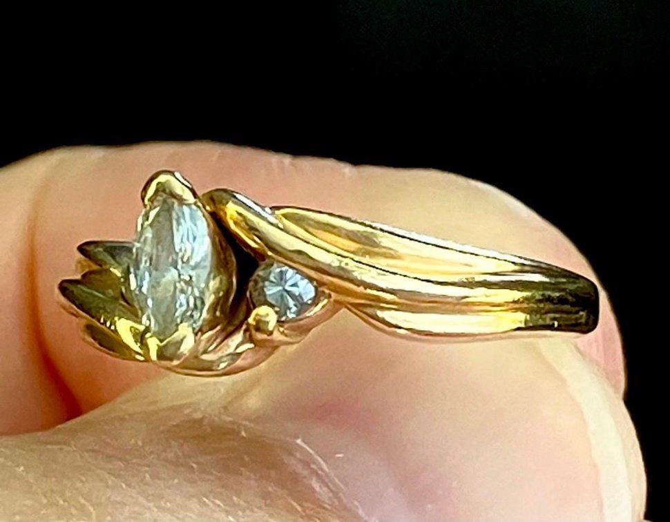 14K Solid Gold Marquis Diamond with Two Diamond Accents