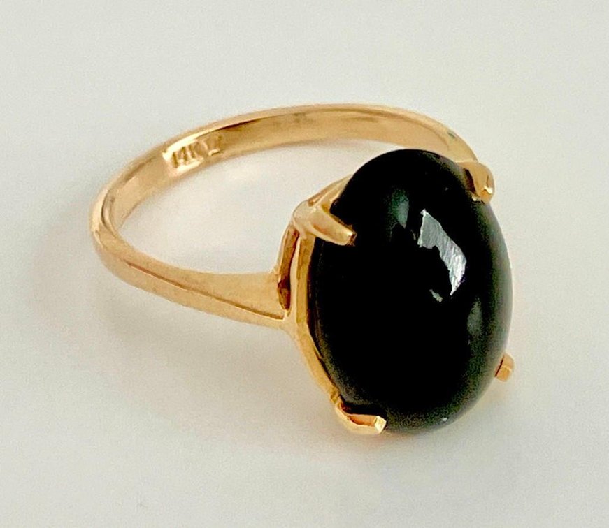 14K Solid Gold with Black Oval Gemstone Ring