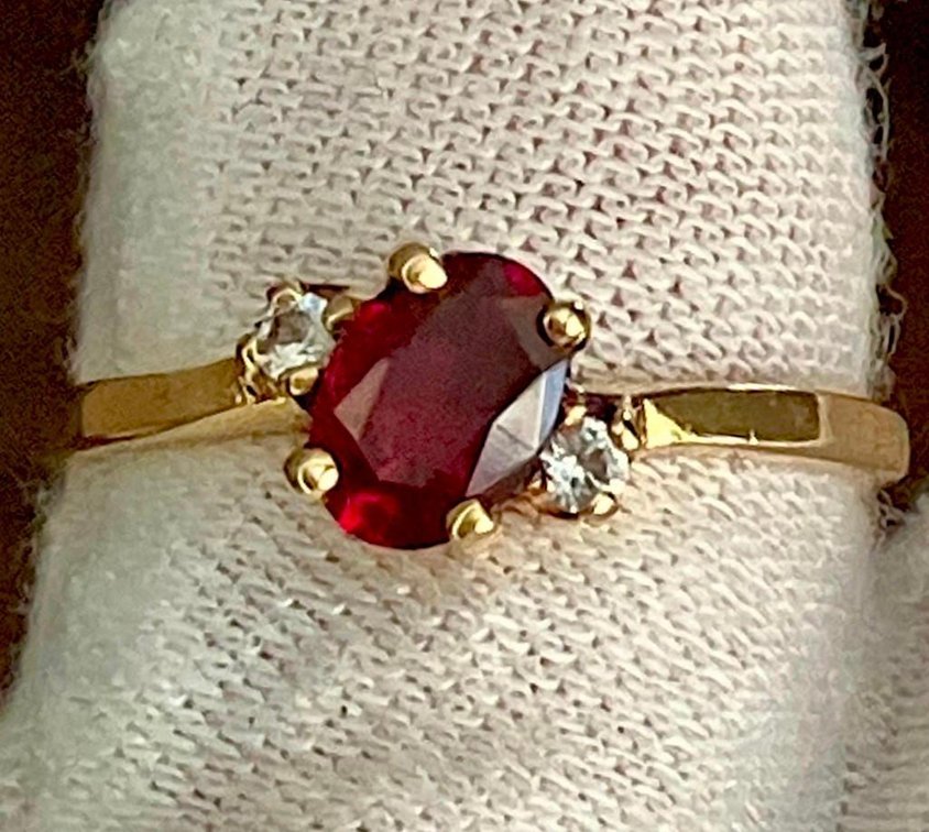 14K Solid Gold Ring with White Topaz Accents and Red Garnet Center