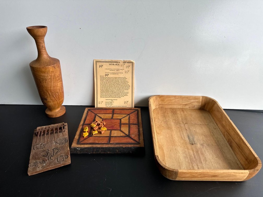 Hand Burl Cut Wood Vase, Thumb Drum and Moraka Game From Africa and Serving Tray 