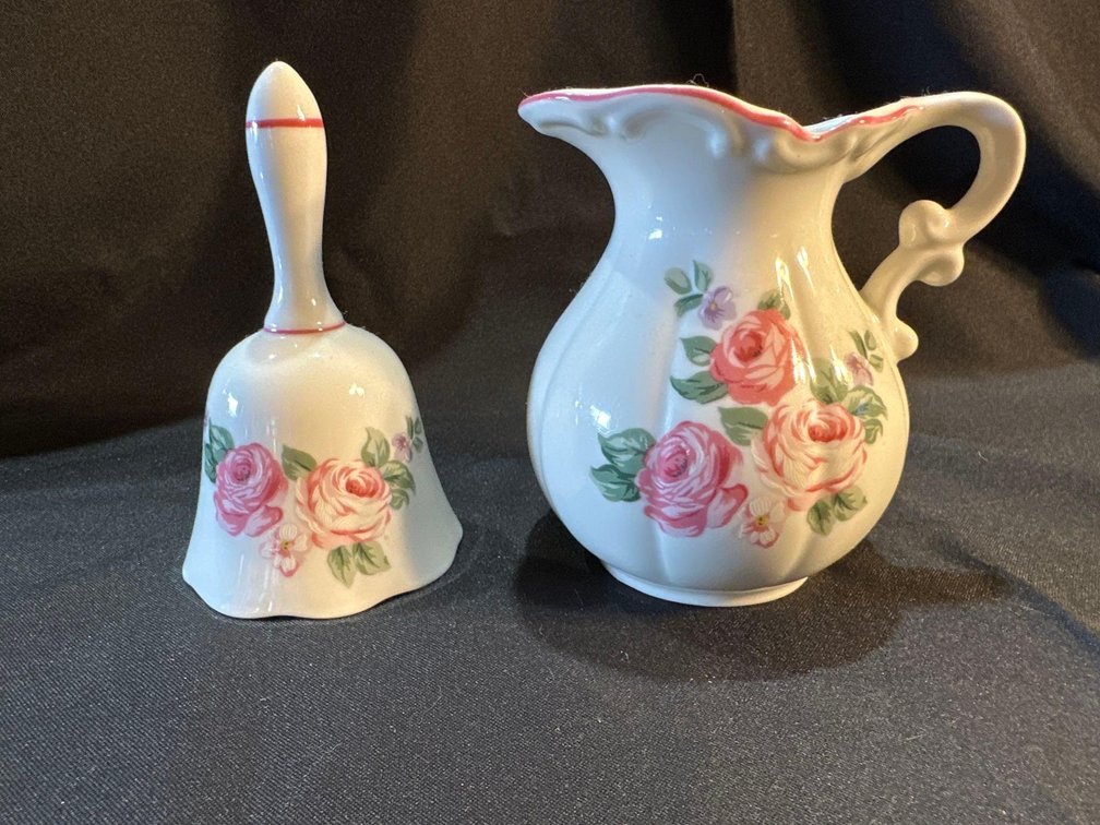 (X's 2) Porcelain Rose Pattern Bell and Milk Pitcher 