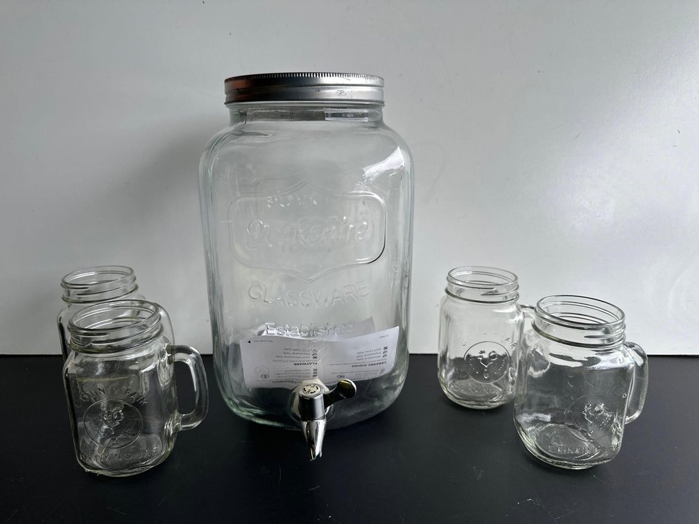 Yorkshire Mason Jar Style Drink Dispenser with Four Mason Jar Style Glasses 