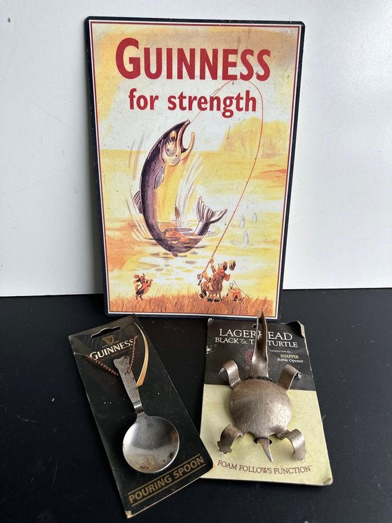 Guinness Pouring Spoons and "Guinness For Strength" Metal Sign 