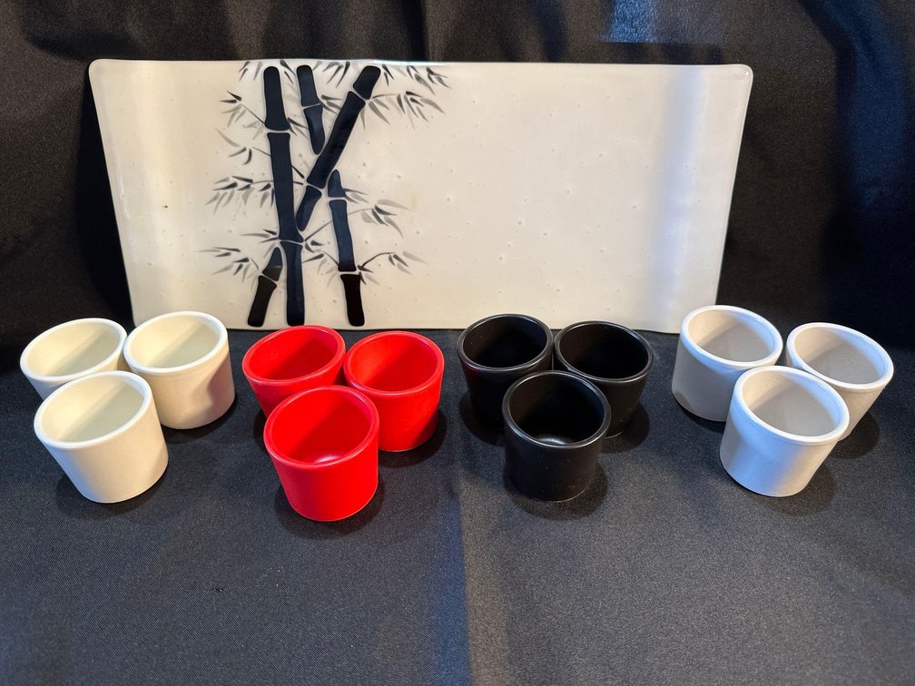 Sake Cups and Bamboo Platter 