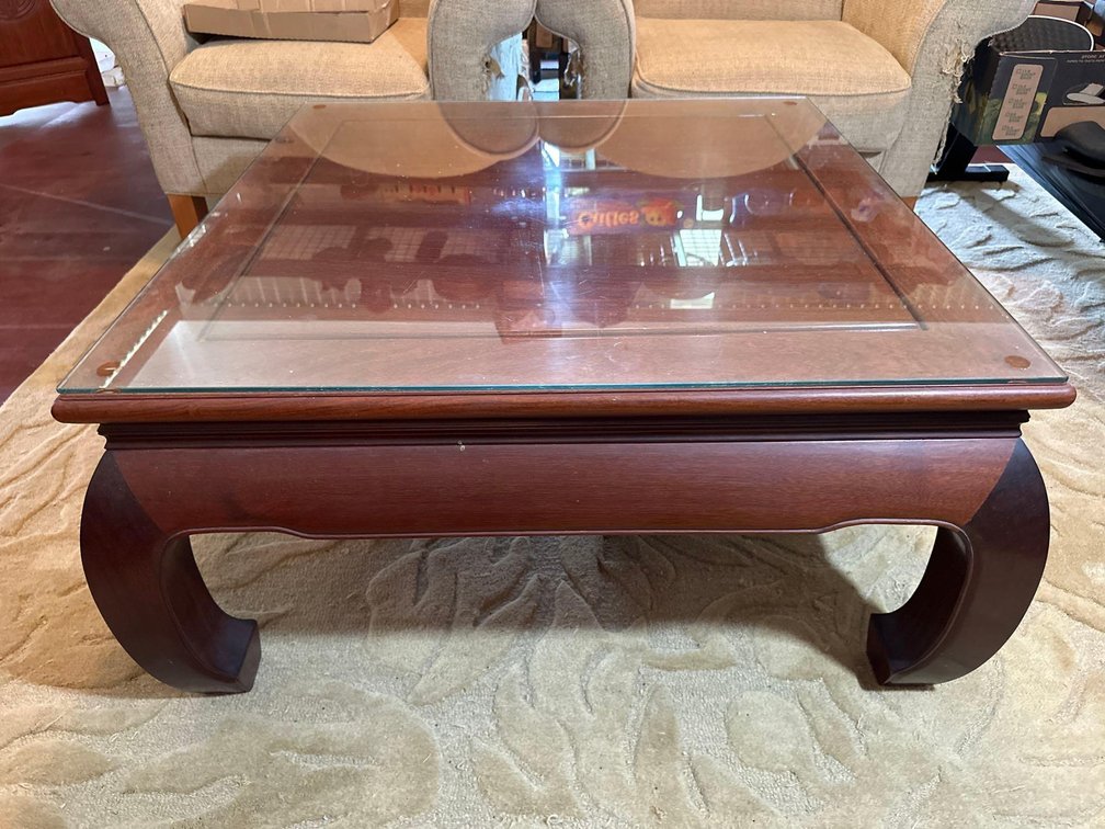 35 1/2" Square Rosewood Coffee Table With Glass Topper 