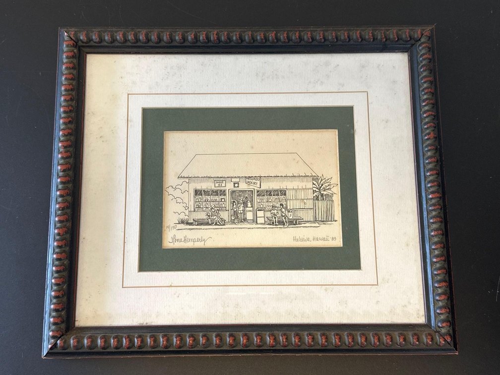 Framed Numbered 14/150 and Signed 1983 Haleiwa, Hawaii Maisumoto Grocery by Artist Ilona Hemperly 