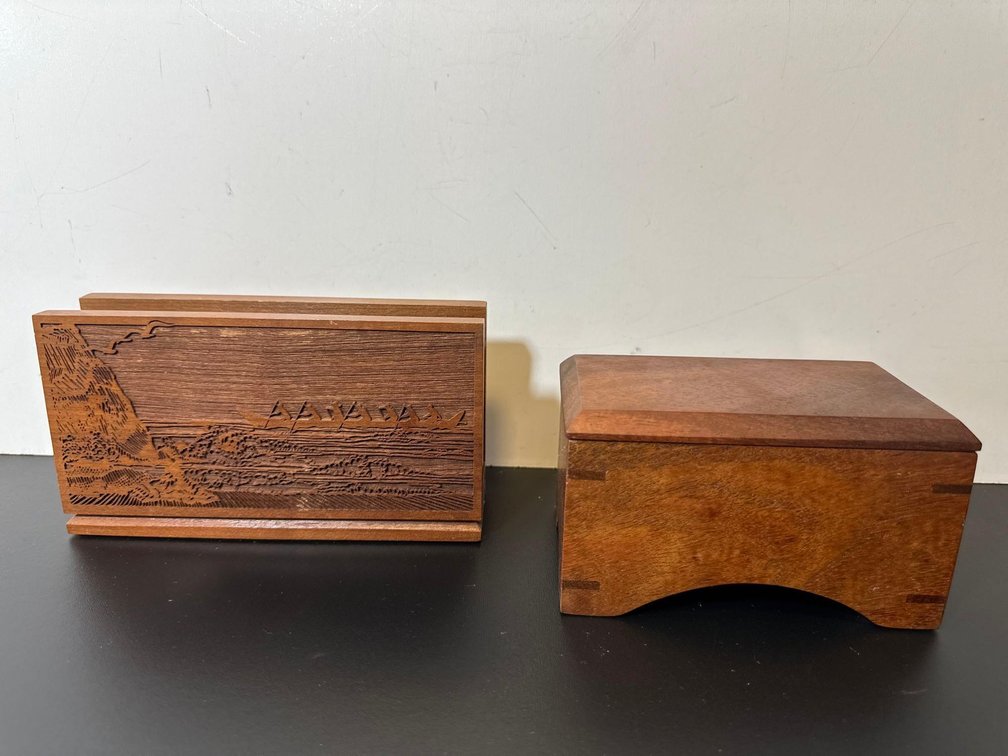 (X's 2) Koa Wood Trinket Box and Solid American Walnut Mail Holder 