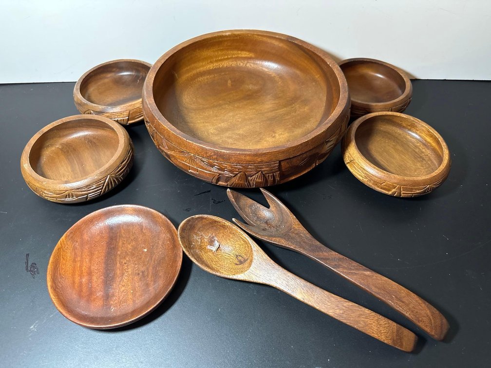 Hand Carved Wood Salad Serving Bowl, Matching Bowls, Tossers and Small Plate 