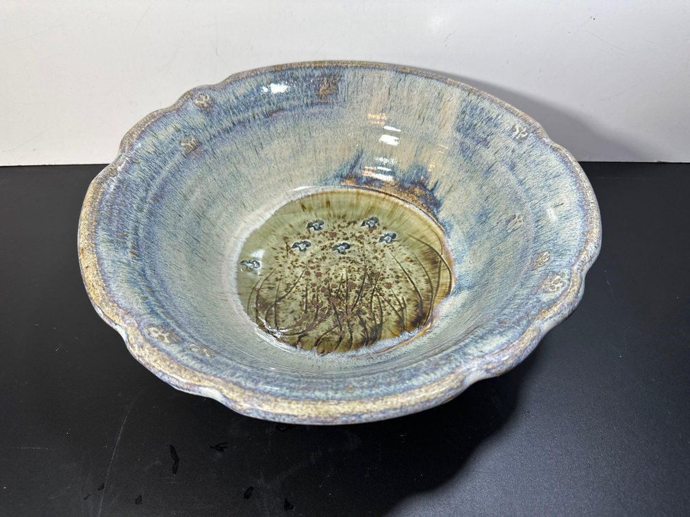 Artist Signed "Dudley" Light Blue Basin Bowl 
