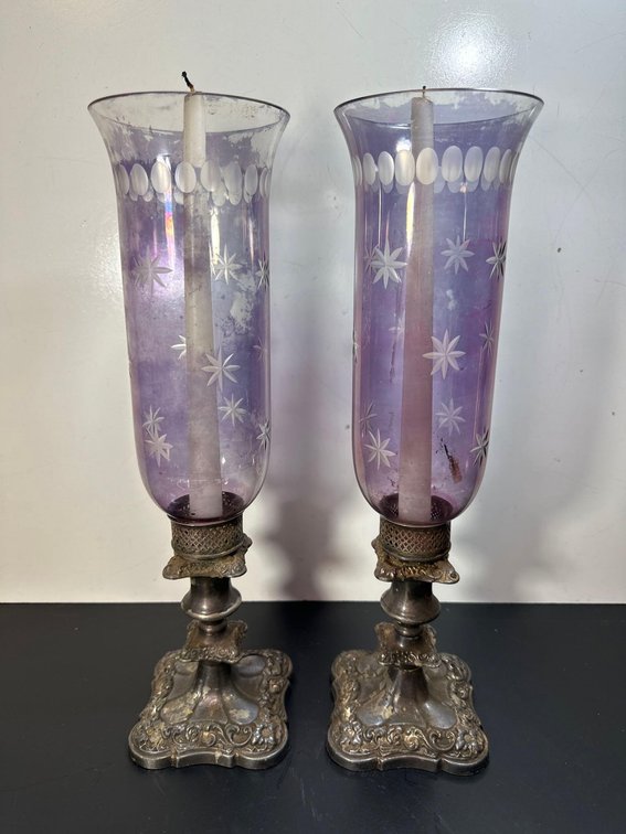 (X's 2) Tinted Purple Vintage Hurricane Glass Candle Holders 
