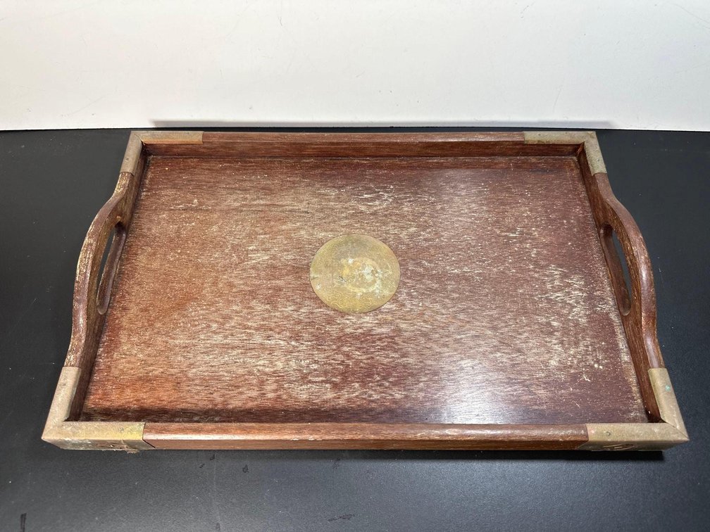 17" Long Wood Tray with Brass Embellishments 