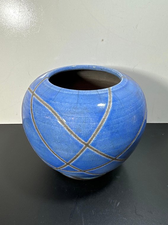 Artist Signed Blue Vase with Stripe Accents 