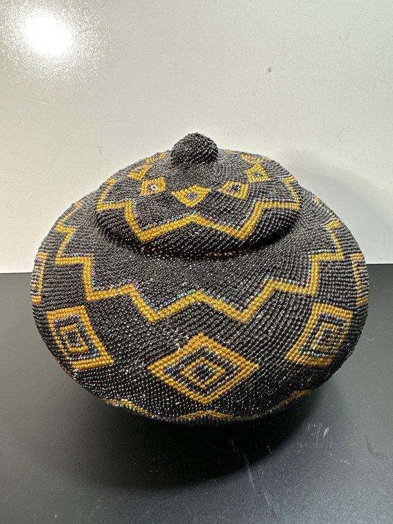 Intricate Hand Beaded Black and Yellow Accent Lidded Vase 