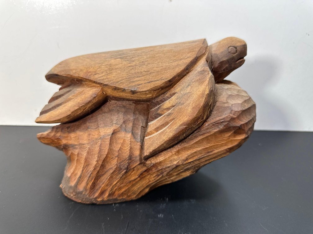 8" Hand Carved Wood Sea Turtle Sculpture 