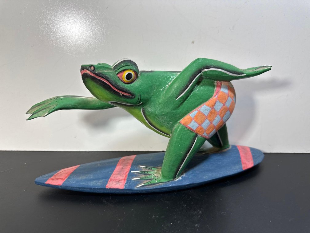 Wood Painted Surfing Frog Sculpture 
