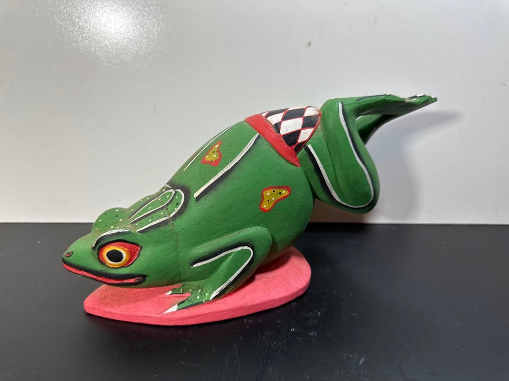 Wood Painted Body Surfing Frog Sculpture 