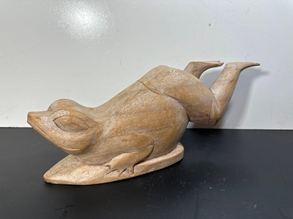 Wood Unpainted Body Surfing Frog Sculpture 
