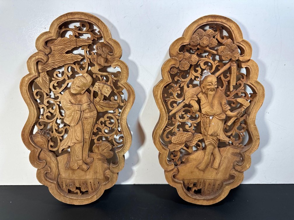 (X's 2) Intricate Asian Wood Carved Wall Decor 