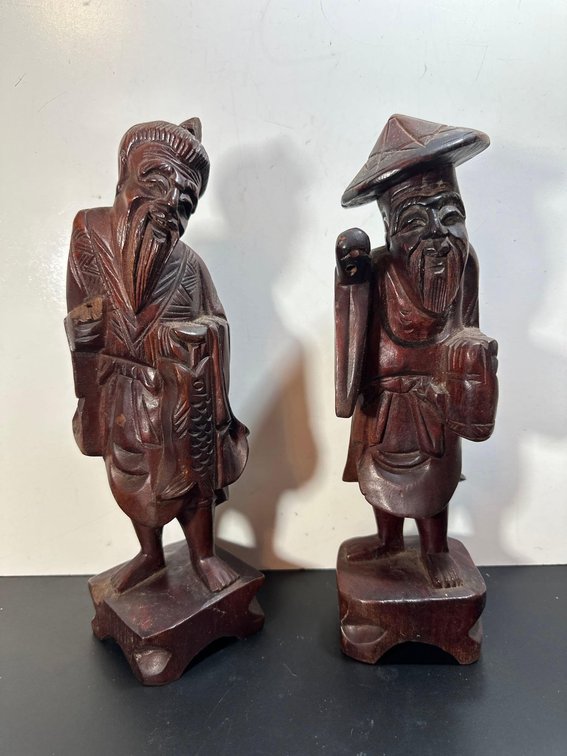 (X's 2) Asian Men Wood Carved Sculptures 