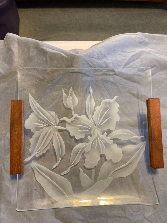 10" Square Etched Glass Serving Platter with Wood Handles - Orchid
