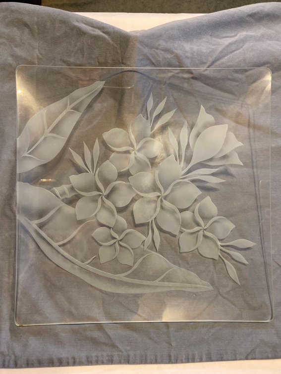 12" Square Etched Glass Serving Platter - Plumeria