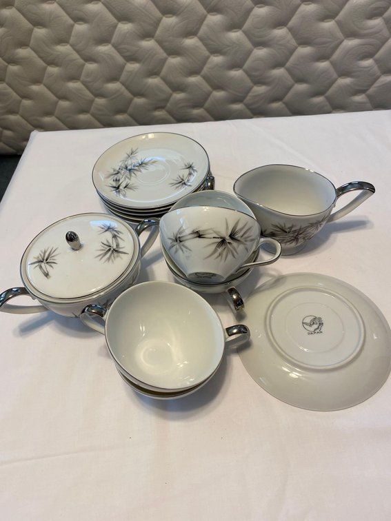 Vintage Kutani China Grey Black Bamboo Pattern Coffee/Tea Place Setting