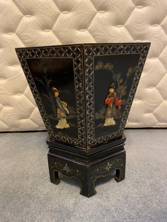 Vintage Chinese Black Lacquer Planter and Stand