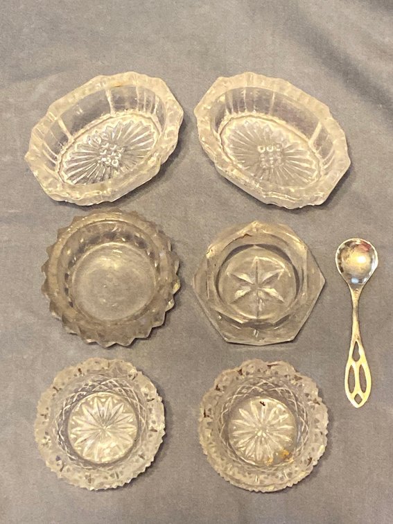 Six Etched Glass Spice Servers with Sterling Spoon