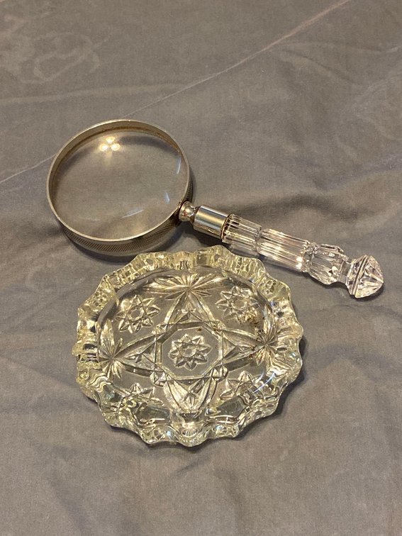 Etched Glass Small Dish and Magnifying Glass