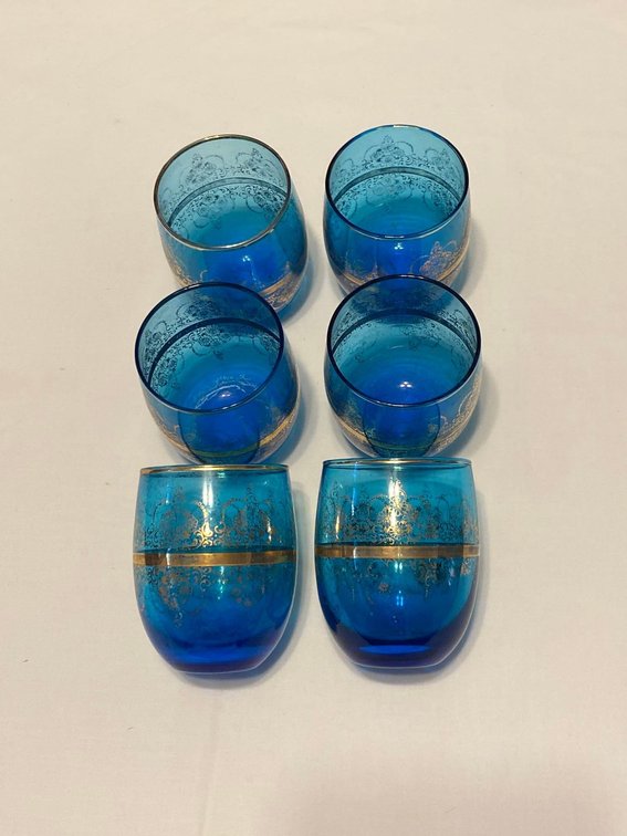 (X’s 6) Petite Blue Glass Punch Cups with Gold Design