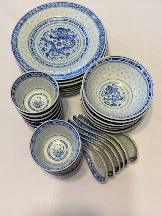 Set of Vintage Chinese Porcelain Plates, Bowls, Tea Cups, and Spoons