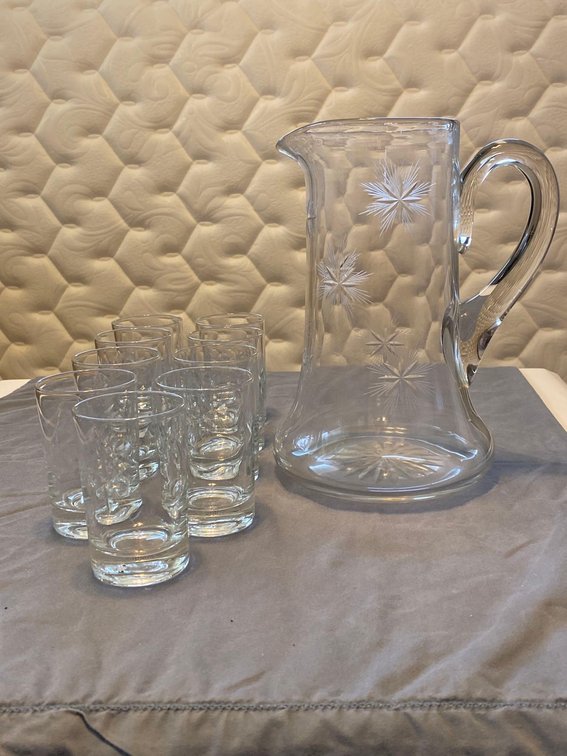 Vintage Fostoria Starburst Pitcher and Nine Juice Glasses